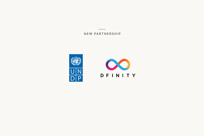 A white graphic announces a 'NEW PARTNERSHIP' between UNDP (United Nations Development Programme) and DFINITY, featuring both organizations' logos side by side.