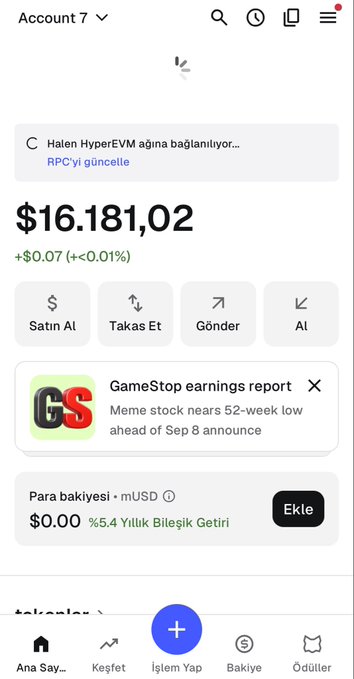 Turkish-language investment app dashboard showing a balance of $16.181,02 and a daily change of +$0.07 (+0.01%). Buttons read “Satın Al,” “Takas Et,” “Gönder,” and “Al,” with a news card about GameStop earnings.