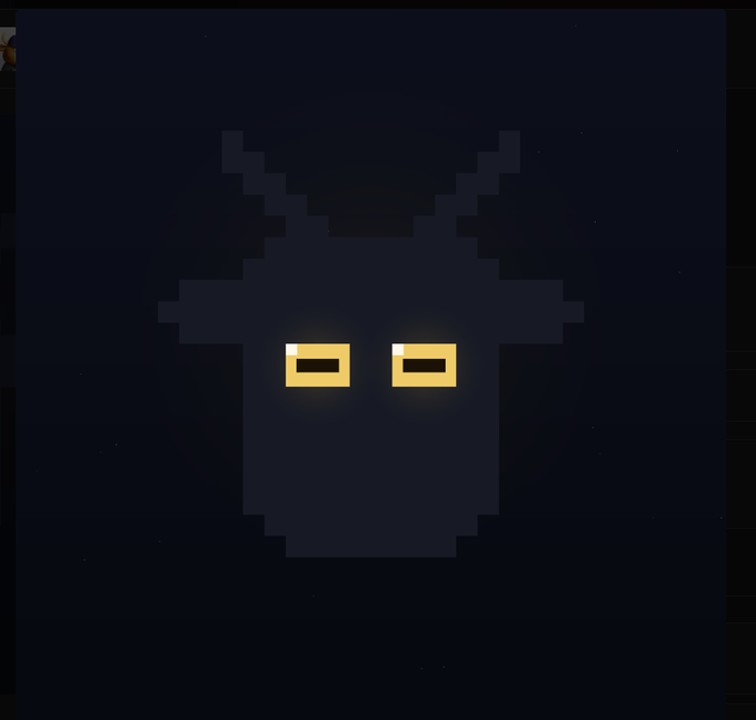 A pixel art character with horns and glowing yellow rectangular eyes against a dark navy background.