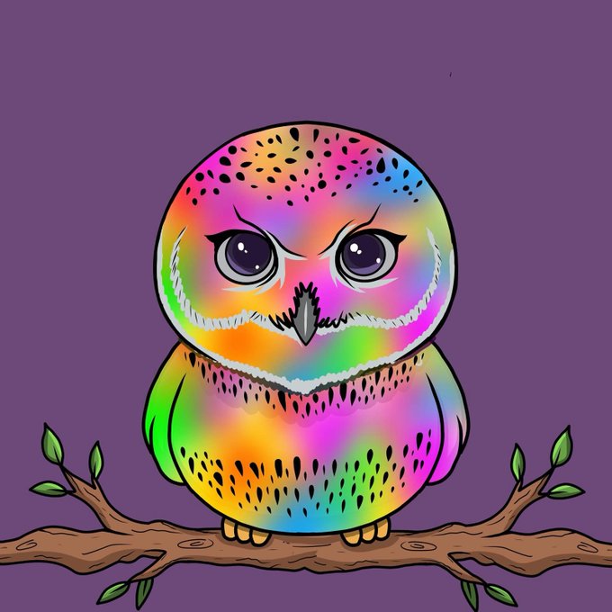 A colorful digital illustration of a cartoon owl with vibrant rainbow gradient plumage perched on a brown branch with green leaves against a purple background.