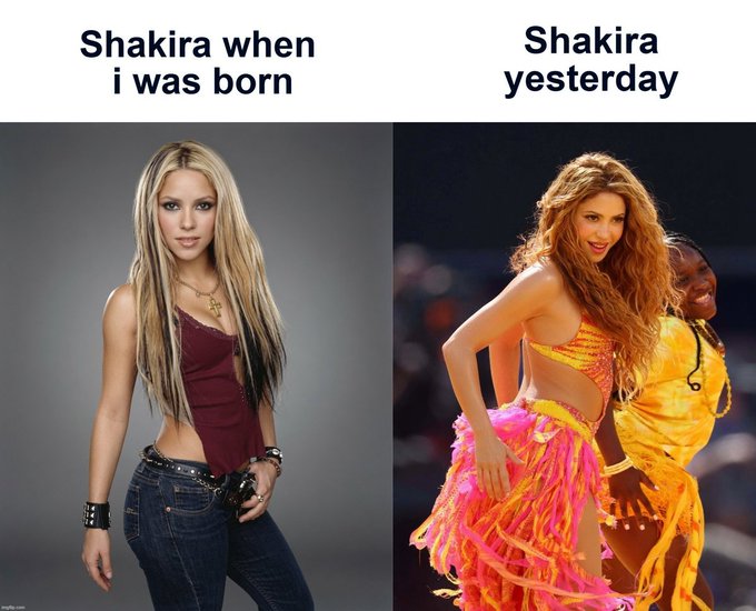 A split image captioned "Shakira when i was born" and "Shakira yesterday," showing the singer appearing increasingly attractive over time—paralleling the joke about Bitcoin ($BTC) and Shakira both seemingly getting more attractive with each cycle.
