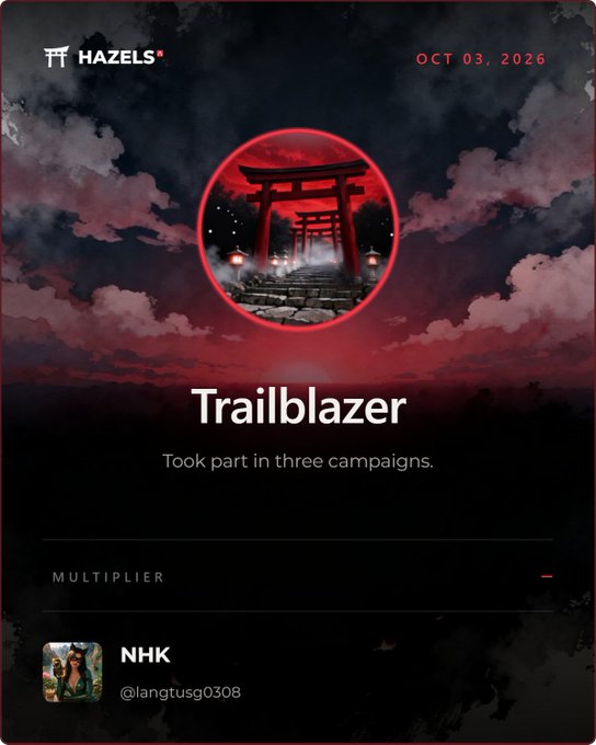 A digital badge from 'HAZELS' dated OCT 03, 2026 titled 'Trailblazer' (Took part in three campaigns) with a red torii gate design, awarded to user @langtusg0308.