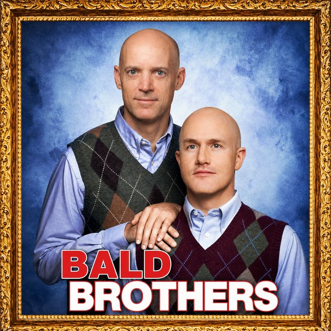 A promotional image or album cover titled 'BALD BROTHERS' showing two bald men in matching argyle sweater vests and blue button-down shirts posing together in an ornate gold frame.