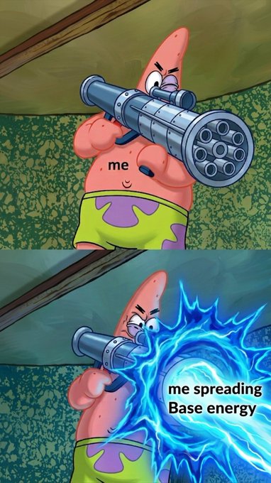 The image features a cartoon character, Spongebob Squarepants, holding a gun and shooting at a blue explosion. The caption below the image reads "Day 218 of sharing Base memes until @base energy is live." This suggests that the meme is about spreading awareness for Base Energy or Base Energy in general.