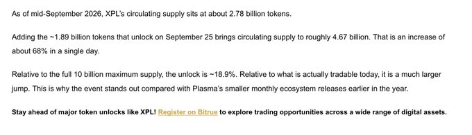 A text excerpt discussing XPL tokenomics, noting the circulating supply is at 2.78 billion tokens, with an additional ~1.89 billion tokens unlocking on September 25, representing a 68% increase, and ending with a call to action to register on Bitrue.