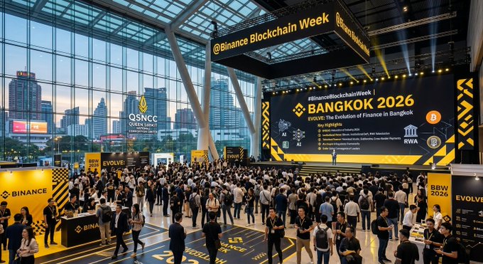 Attendees gather at the Queen Sirikit National Convention Center in Bangkok for Binance Blockchain Week 2026, held November 28–29 with the theme "Evolve: The Evolution of Finance in Bangkok," featuring key topics like RWA and AI on the main stage.