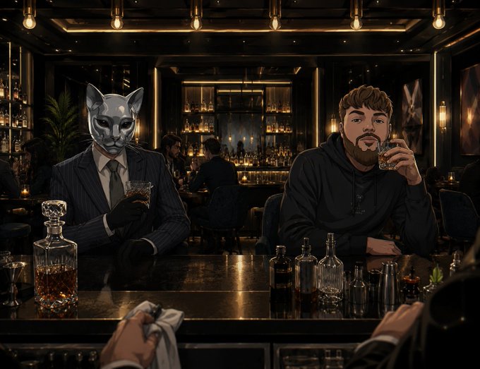 Stylized illustration of a dimly lit bar where a person wearing a cat mask in a pinstripe suit and a man in a hoodie sit drinking whiskey.