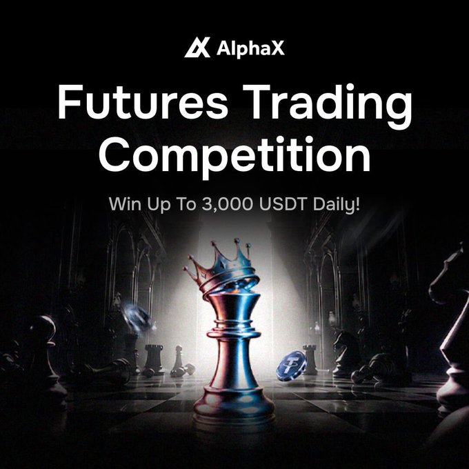 A promotional banner for AlphaX 'Futures Trading Competition' featuring a large chess king piece with a crown on a chessboard, with text reading 'Win Up To 3,000 USDT Daily!'