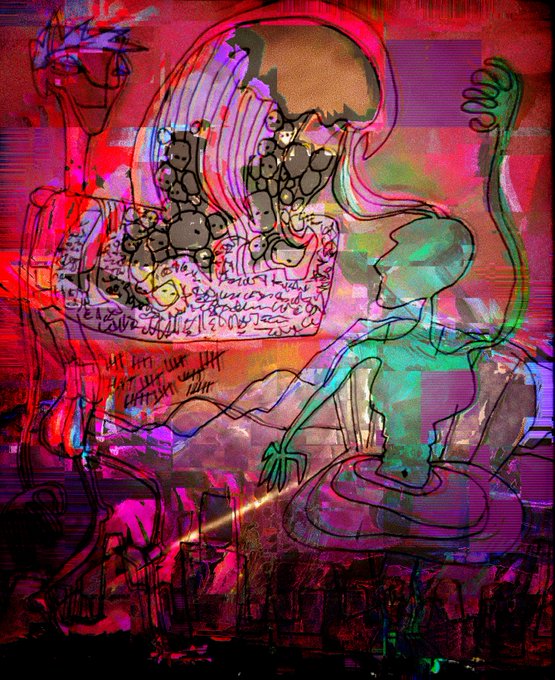 An abstract, glitchy digital artwork with vibrant pink, red, and green hues, depicting distorted figures and overlapping patterns.