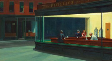 The image features a painting by Edward Hopper, titled "Nighthawks", which depicts a group of people sitting at a bar during the night. The painting is part of the Interference drawing system, showcasing the artist's unique style. The artwork is displayed in a gallery and has been described as a "post" or "postcard". The post also includes an image of a man with a hat on it.