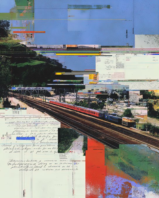 The image shows a collage of various elements, including a train traveling down tracks with buildings in the background, as well as text that reads "This piece is still available on manifold link below 0.05 eth". The collage appears to be a creative representation or interpretation of the original image, possibly used for an art project or a multimedia presentation.
