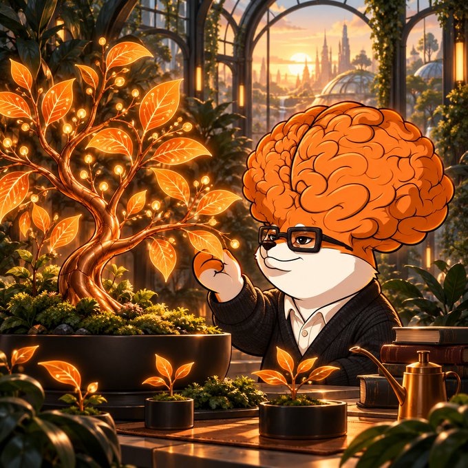 A whimsical illustration shows an anthropomorphic animal character with a large orange brain for a head, wearing glasses and a sweater, sitting next to a glowing, golden-leafed bonsai tree in a sunlit conservatory.