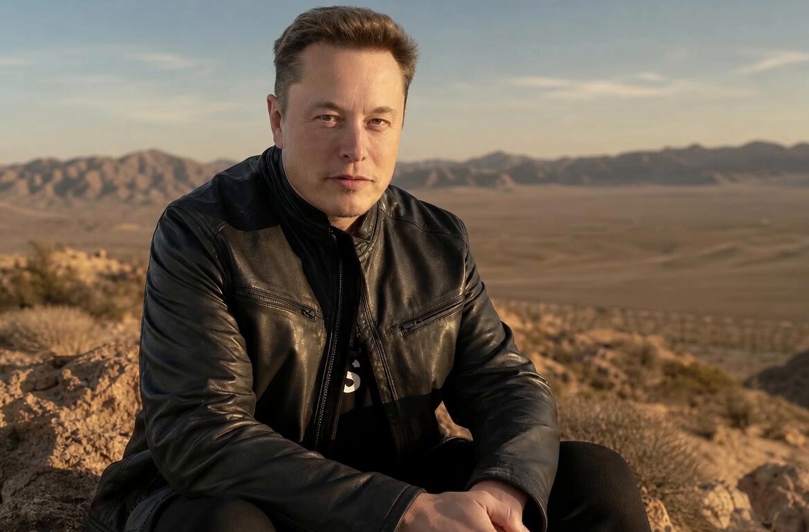 The image features a man sitting on a rock in a desert setting, wearing a black leather jacket. The background of the photo shows mountains under a clear blue sky, creating an impression of a vast, open landscape. There are no texts or other objects present in the image, and the man is positioned centrally within the frame.
