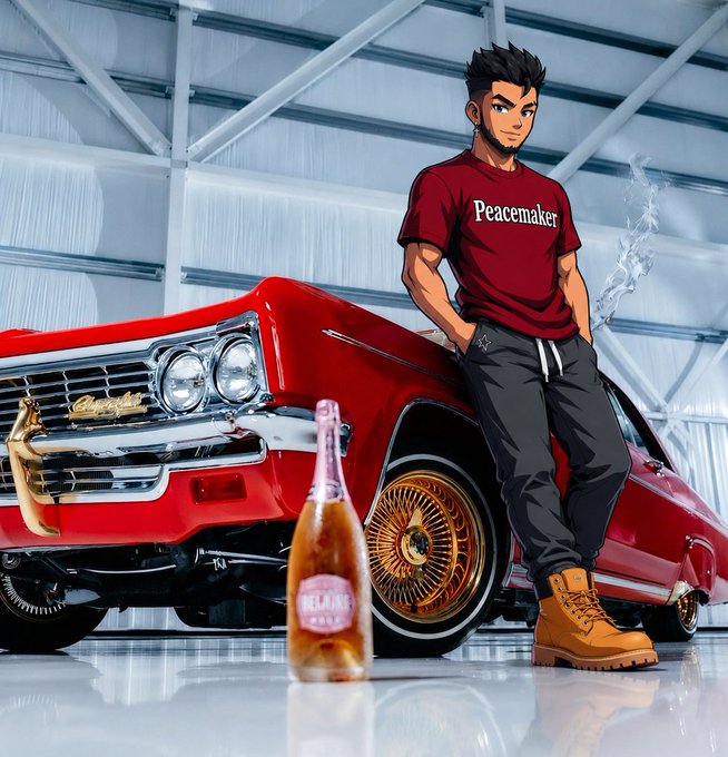 The image features a man standing next to a red car with gold wheels and a pink label that says "Blakhouse". The man is wearing a maroon shirt, black pants, and brown boots. There are also two bottles of beer on display in front of the car. The background shows a white building or warehouse-like structure, which could be related to the Web3 space.