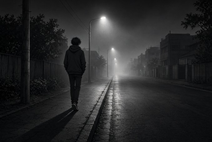 A black-and-white photograph of a solitary figure in a hoodie walking down a foggy, empty street illuminated by streetlights at night.
