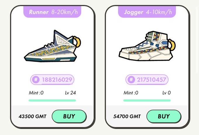 A StepN shop interface showing two sneaker NFTs for sale: a Runner (8-20km/h, Lv 24) for 43500 GMT (#188216029) and a Jogger (4-10km/h, Lv 0) for 54700 GMT (#217510457).