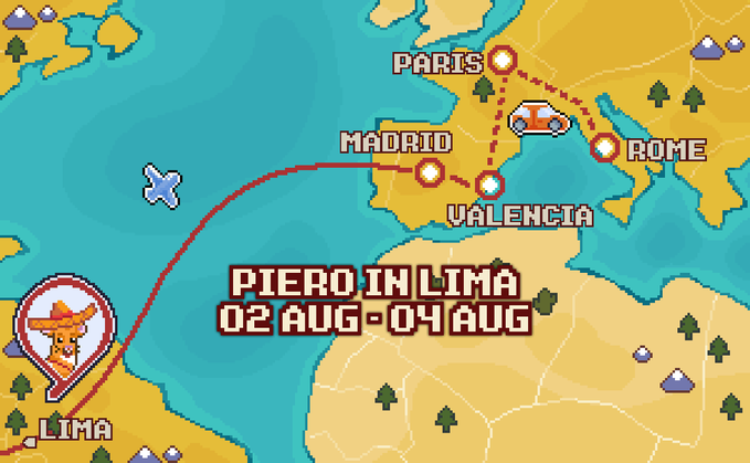 A pixel-art style travel map titled "PIERO IN LIMA 02 AUG - 04 AUG" showing a flight route from Lima to Madrid and a car route through Valencia, Paris, and Rome.