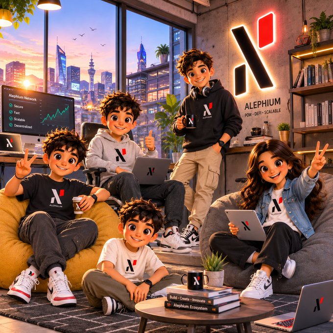 A stylized digital illustration of a group of young people wearing Alephium-branded apparel, gathered in a modern room with a city skyline visible through the window and a glowing 'X ALEPHIUM' logo on the wall.