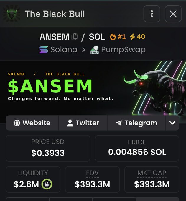 A cryptocurrency token page displays "$ANSEM" on the Solana network via PumpSwap, priced at $0.3933 USD (0.004856 SOL) with a $393.3M market cap and $2.6M liquidity, branded with "The Black Bull" logo and tagline "Charges forward. No matter what."

The image relates to the post as it shows the $ANSEM token details being used as a giveaway prize, where participants must share their $SOL address to potentially receive tokens of this nearly $400M market cap asset.