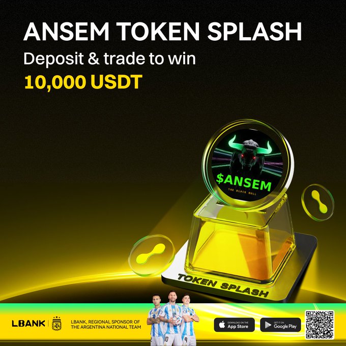 A promotional graphic for LBank's "$ANSEM Token Splash" event, advertising a 10,000 USDT prize pool for users who deposit and trade the $ANSEM token, featuring a glowing bull trophy, the LBank logo as the "Regional Sponsor of the Argentina National Team," and app download links.