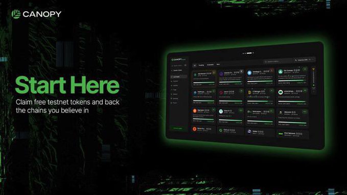 A promotional graphic for 'CANOPY' with the text 'Start Here: Claim free testnet tokens and back the chains you believe in' alongside a dashboard screenshot.