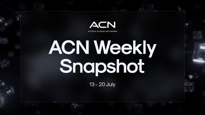 A sleek, dark-themed graphic featuring the ACN logo (AITECH Cloud Network) displays the title "ACN Weekly Snapshot" for "13 - 20 July," serving as a header to recap the week's updates on Compute Marketplace and Agent Forge developments.