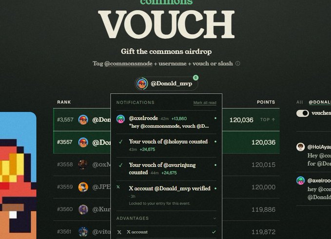 A screenshot of a 'commons' platform showing a 'VOUCH' airdrop interface for @Donald_mvp with rankings and notifications including @axelroode, @holoyana, and @worrinjung.