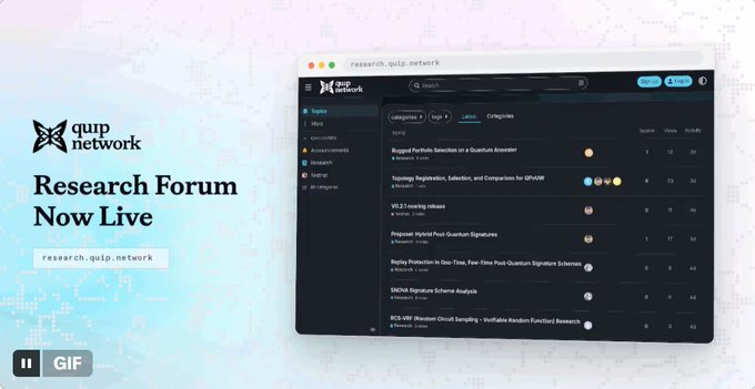 An advertisement for 'Research Forum Now Live' at research.quip.network, showing a research topics interface with quantum and post-quantum signature papers.