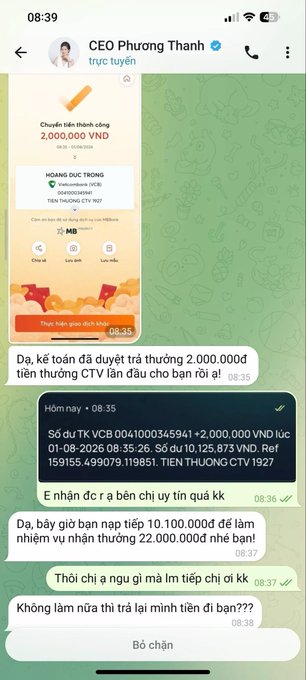 The image shows a Vietnamese chat with "CEO Phương Thanh" discussing a 2,000,000 VND transfer for a 10,125,873 VND transaction, joking about her needing 10 million more or she may "be banned from eating," with the post referencing this as a scam encounter on Fire Wallet.