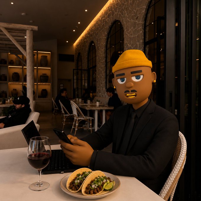 A 3D cartoon-style character wearing a yellow beanie and black suit holds a phone at a restaurant table set with tacos, red wine, and a laptop.