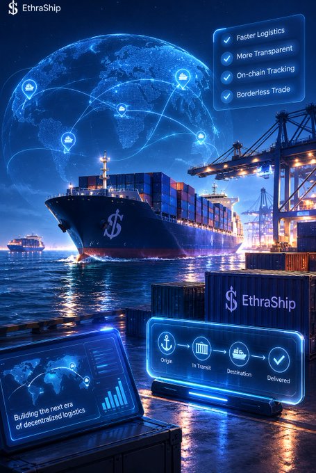 A promotional graphic for 'EthraShip', depicting a container ship at sea with a digital globe overlay and bullet points highlighting 'Faster Logistics', 'More Transparent', 'On-chain Tracking', and 'Borderless Trade'.
