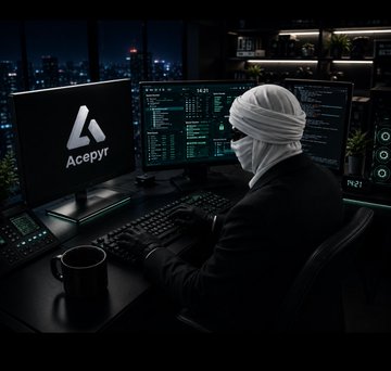 A digital illustration of a hooded hacker wearing a face wrap, working at a computer displaying the 'Acepyr' logo and code on monitors in a dark room.