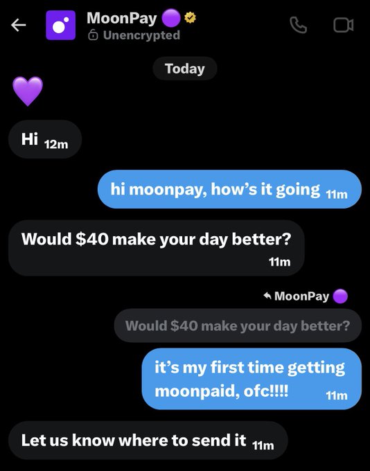 A text message conversation with 'MoonPay' showing exchanges including 'Hi', 'Would $40 make your day better?', and 'it's my first time getting moonpaid, ofc!!!!'.
