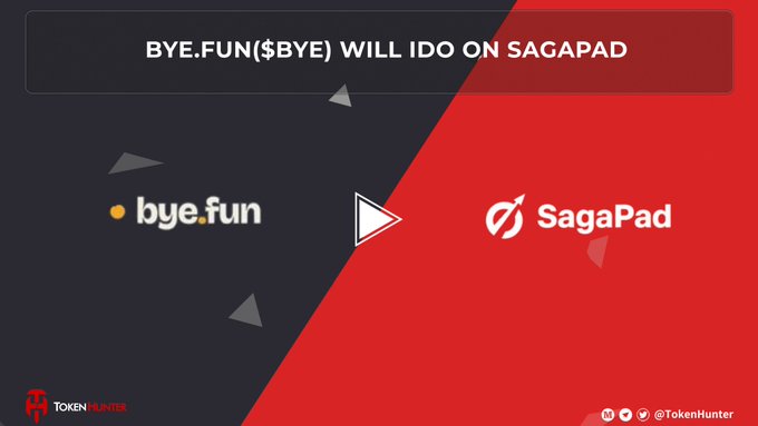 A promotional graphic with the text 'BYE.FUN($BYE) WILL IDO ON SAGAPAD' featuring the bye.fun logo on a dark blue background and the SagaPad logo on a red background.