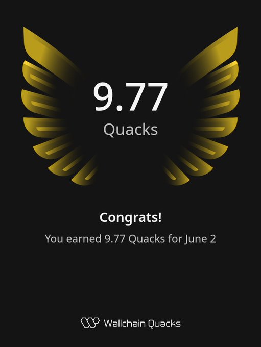 The image features a poster with an illustration of a bird's wing design, which has gold accents. The text on the poster congratulates the winners of a Quacks competition, stating that they have earned 9.77 Quacks for June 2. The poster also includes information about Wallchain Quacks and how to apply for their latest campaigns.