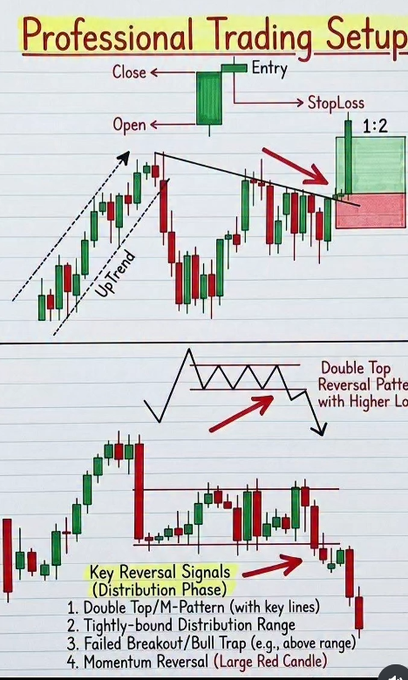 An infographic titled 'Professional Trading Setup' illustrating candlestick patterns, including an 'UpTrend', 'Double Top Reversal Pattern', and 'Key Reversal Signals (Distribution Phase)' with features like Double Top/M-Pattern and Failed Breakout.