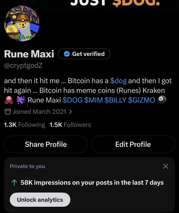 An X (Twitter) profile for verified user 'Rune Maxi' (@cryptgodZ) posted 'and then it hit me ... Bitcoin has a $dog and then I got hit again ... Bitcoin has meme coins (Runes) Kraken' with tags $DOG $MIM $BILLY $GIZMO.