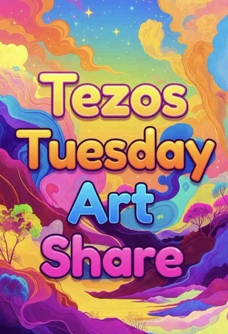 A vibrant, psychedelic digital poster features the text "Tezos Tuesday Art Share" in colorful, bubbly 3D letters against a swirling, multicolored landscape with stylized trees and stars.