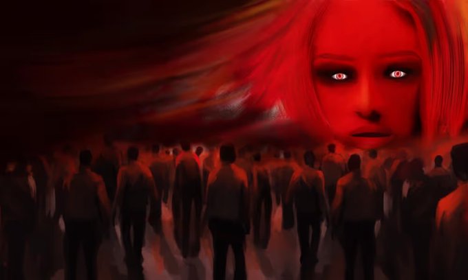 A large, ghostly red-haired female face with white eyes looms ominously over a crowd of shadowy figures walking through a dark, red-tinged atmosphere.