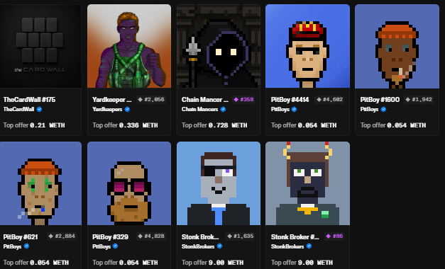 An NFT marketplace listing page showing pixel art character avatars with names like YardKeeper__, Chain Manacr, PitBoy #414, Stonk Brok..., and others, with prices listed in METH and top offer values.