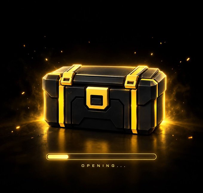 A digital illustration of a glowing black and gold treasure chest with a loading bar below labeled "OPENING..." against a dark background.
