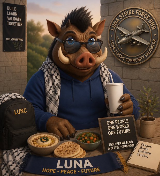 An anthropomorphic boar wearing glasses, a blue hoodie, and a keffiyeh scarf holds a cup while seated at a table displaying food, a backpack labeled "LUNC," a "LUNA STRIKE FORCE BN8 - LUNA CLASSIC COMMUNITY VALIDATOR" emblem, and signs reading "BUILD LEARN VALIDATE TOGETHER - FUEL YOUR FUTURE," "ONE PEOPLE ONE WORLD ONE FUTURE - TOGETHER WE BUILD A BETTER TOMORROW," and "LUNA - HOPE • PEACE • FUTURE," alongside a notebook stating "Dream. Build. Validate. Evolve." The image visually aligns with the post by promoting Luna Classic ($LUNC), the LunaStrikeForce validator (#LunaStrikeForce), and themes of unity and building a better future that complement the #GreenpeaceUNITED message.