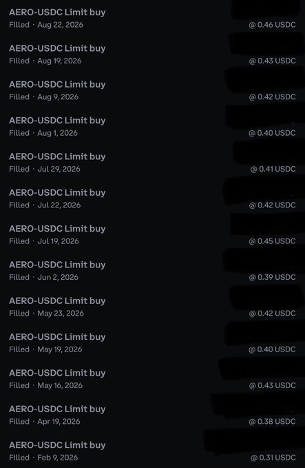 A cryptocurrency trading history list showing multiple AERO-USDC Limit buy orders filled at various dates (Feb 9, 2026 to Aug 22, 2026) at prices ranging from $0.31 to $0.46 USDC.