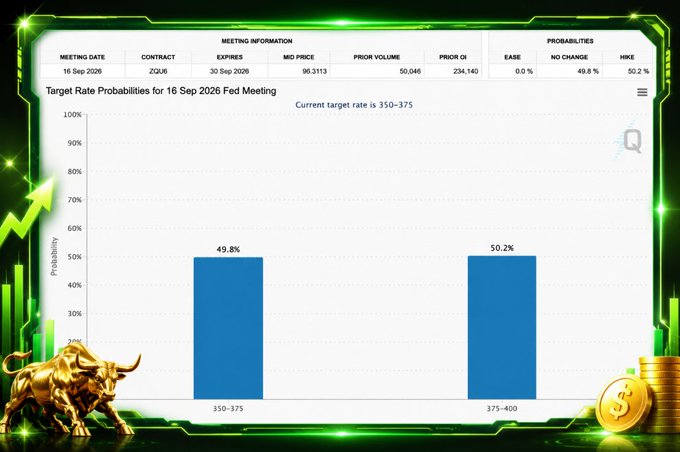 A financial chart titled 'Target Rate Probabilities for 16 Sep 2026 Fed Meeting' showing probabilities of 49.8% for 350-375 rate range and 50.2% for 375-400 range, decorated with golden bull and coin graphics.