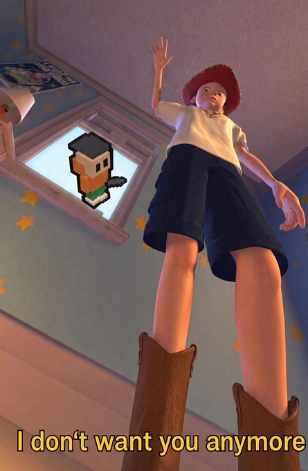 A low-angle 3D rendering shows a figure with red hair, a white crop top, black shorts, and brown boots raising one hand, while a pixelated character peeks through a nearby window. Yellow text at the bottom reads "I don't want you anymore," evoking heartbreak reminiscent of the breakup song tied to the ticker $GLUE.