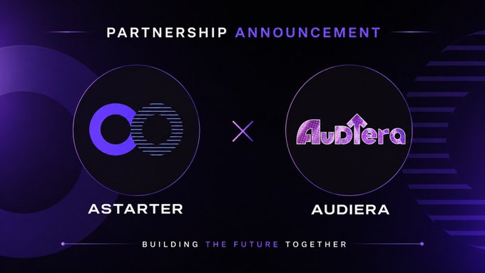 A partnership announcement graphic featuring the Astarter and Audiera logos side by side with an "×" between them, under the header "PARTNERSHIP ANNOUNCEMENT" and the tagline "BUILDING THE FUTURE TOGETHER." The purple and dark-themed design visually reinforces the collaboration between Astarter and Audiera Web3 mentioned in the accompanying post.