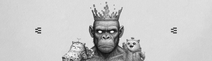 A black-and-white illustration shows a gorilla wearing a pixelated crown, flanked by a spotted cat on the left and a cat in a hoodie on the right, set against a plain background with small decorative symbols. The image reflects the post's celebration of acquiring two cat-themed NFTs from the Ethos Network to complete their banner collection.