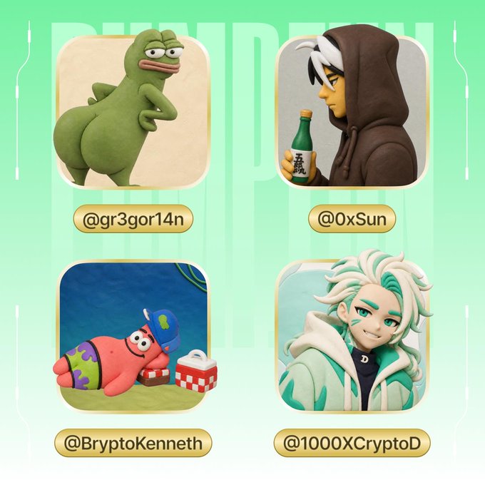 A promotional graphic featuring four stylized avatar profiles with usernames @gr3gor14n, @0xSun, @BryptoKenneth, and @1000XCryptoD displayed on a teal background, announcing new creators joining the Pumpfun app. The image directly supports the post by showcasing the featured creators mentioned in the welcome announcement.