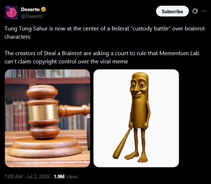 A Dexerto tweet dated July 2, 2026 (1.9M views) reports that "Tung Tung Sahur" is at the center of a federal "custody battle" over brainrot characters, with the creators of "Steal a Brainrot" asking a court to block Mementum Lab from claiming copyright over the viral meme. The tweet features a split image showing a wooden gavel alongside the Tall Tung Tung Sahur character, visually representing the ongoing legal dispute over AI-generated meme ownership that the accompanying post links to the $TripleT token.