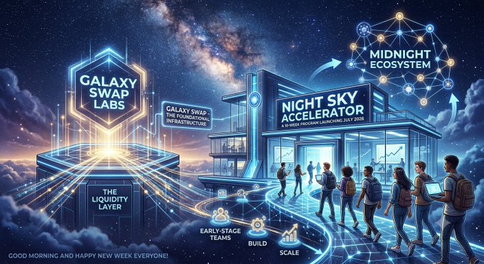 A futuristic digital illustration showcases the "Night Sky Accelerator," a 10-week program launching July 2026 by The Midnight Foundation, set against a glowing galaxy backdrop. The scene highlights connections between "Galaxy Swap Labs," the "Foundational Infrastructure," and the "Midnight Ecosystem," emphasizing how early-stage teams will build and scale on the Midnight Network.
